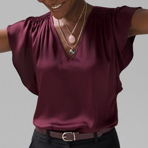 White House Black Market Tops - WHITE HOUSE BLACK MARKET women’s plum flutter sleeve satin top.